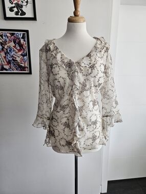 Vintage Womens Ruffle V-Neck Blouse - Cream with Brown Floral